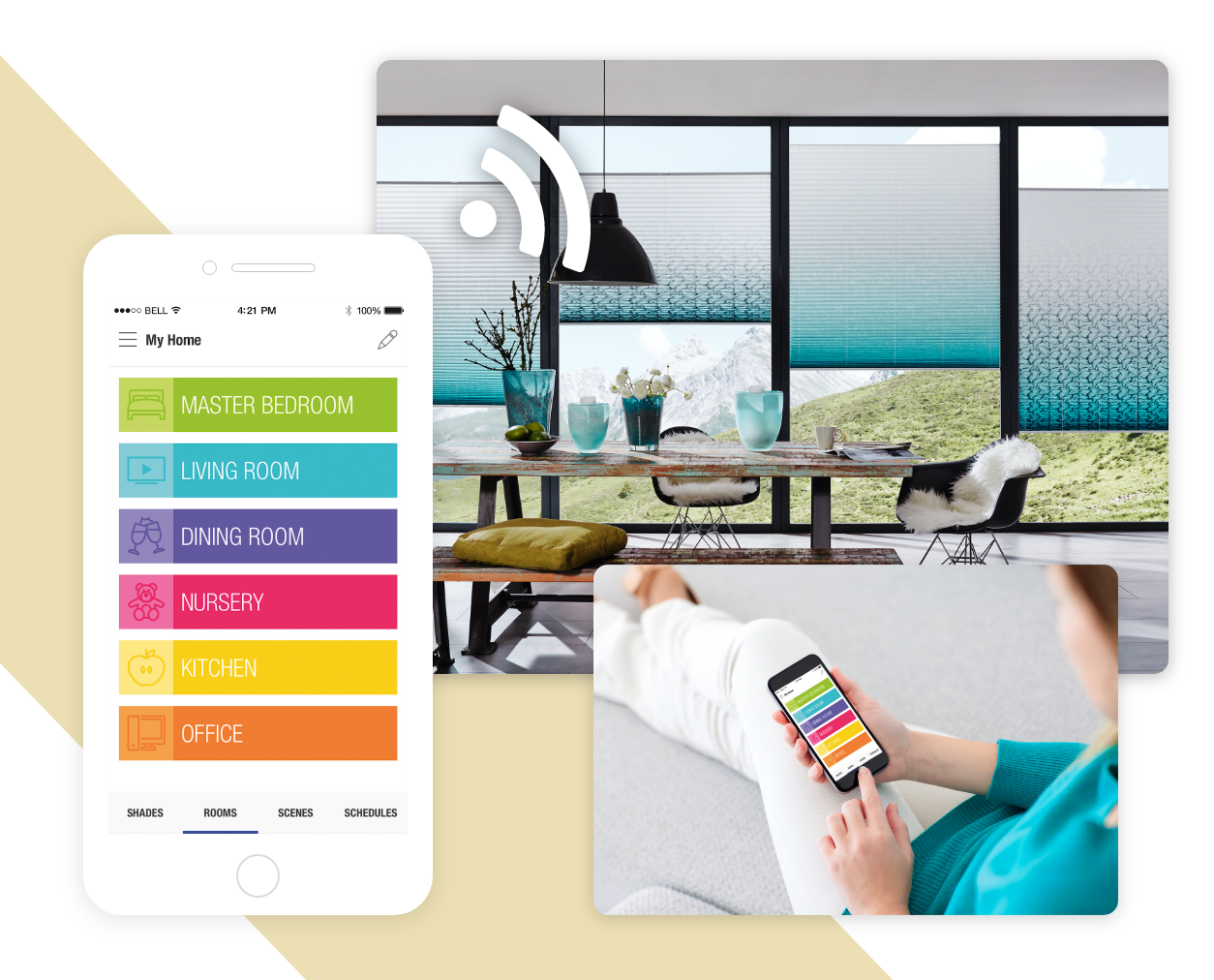 Raumausstattung mit Smarthome vom Smartphone. Fenster-Dekoration mit Leichtigkeit steuern